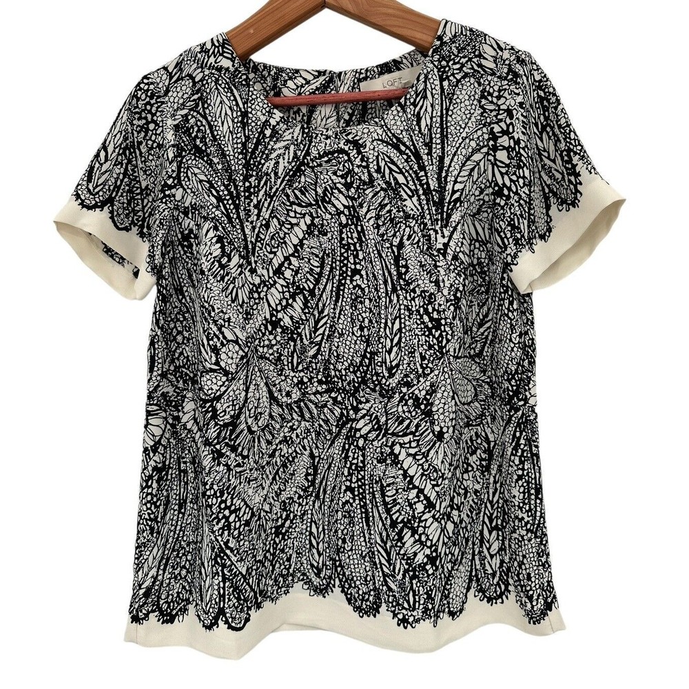 Loft XS Top Short Sleeve Ivory Black Paisley Career Work Women’s